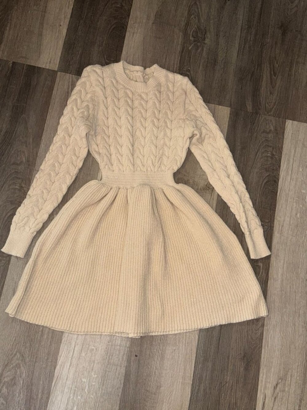 Cable Knit Long Sleeve Beige Sweater Dress - Picture 5 of 7